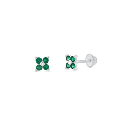 Sterling Silver High Polished Green CZ Clover Flower Earrings