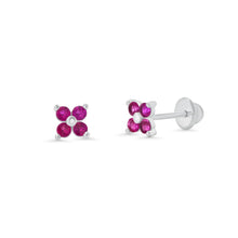 Load image into Gallery viewer, Sterling Silver High Polished Red CZ Clover Flower Earrings