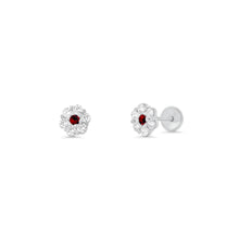 Load image into Gallery viewer, Sterling Silver High Polished Red And Clear CZ Mini Rosette Earrings