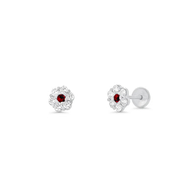 Sterling Silver High Polished Red And Clear CZ Mini Rosette Earrings