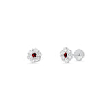 Sterling Silver High Polished Red And Clear CZ Mini Rosette Earrings