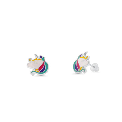 Sterling Silver High Polished Multi Color Enamel Unicorn Head Earrings