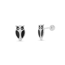 Load image into Gallery viewer, Sterling Silver High Polished Black Enamel Owl Earrings