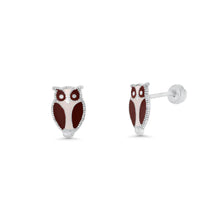 Load image into Gallery viewer, Sterling Silver High Polished Brown Enamel Owl Earrings