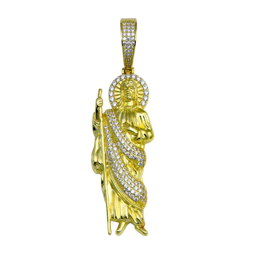 Sterling Silver Gold Plated Clear CZ St Jude Hip Hop Pendant