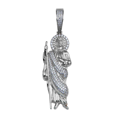 Sterling Silver Rhodium Plated Clear CZ St Jude Hip Hop Pendant