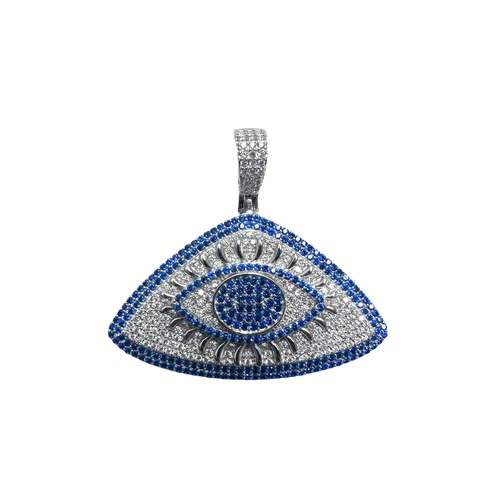 Sterling Silver Rhodium Plated CZ Encrusted Eye Clear and Blue CZ Pendant