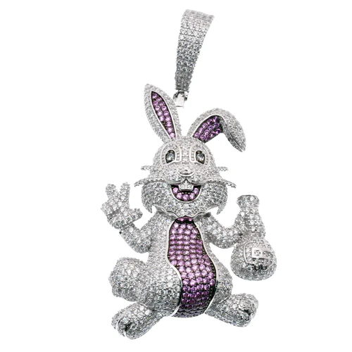 Sterling Silver Rhodium Plated Rabbit Money Bag Clear Purple CZ Pendant