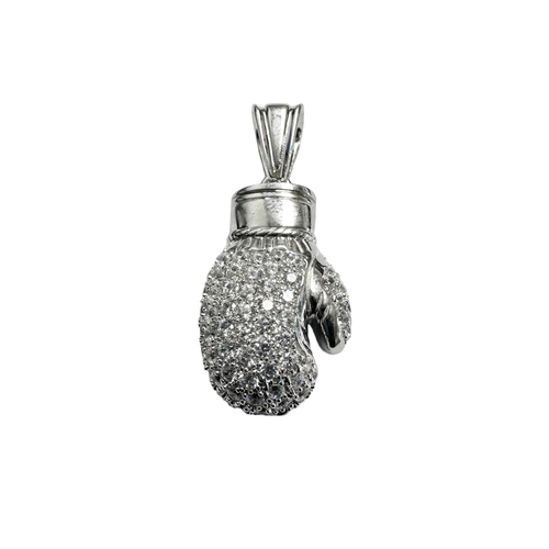Sterling Silver Rhodium Plated 3D Boxing Gloves Clear CZ Pendant