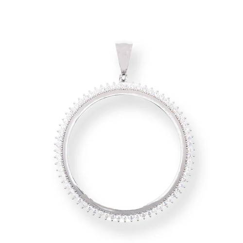 Sterling Silver Rhodium Plated Bezel For Coin Clear CZ Pendant