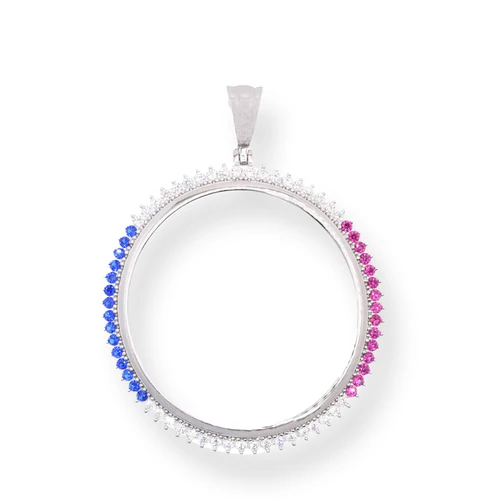 Sterling Silver Rhodium Plated Bezel For Coin Clear Blue And Red CZ Pendant