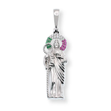 Sterling Silver Rhodium Plated Clear Green Red CZ Saint Jude Pendant