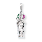 Sterling Silver Rhodium Plated Saint Jude Clear Green Red CZ Pendant