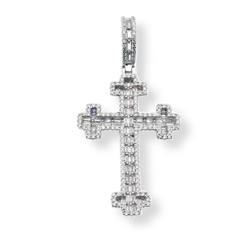 Sterling Silver Rhodium Plated Cross Crosslet Baguette And Round Clear CZ Pendant