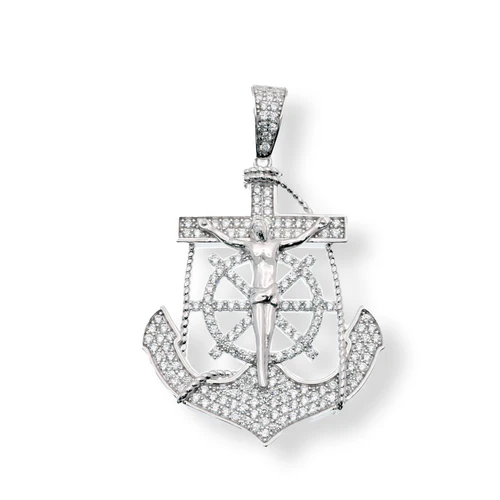 Sterling Silver Rhodium Plated Jesus Cross Anchor Clear CZ Pendant