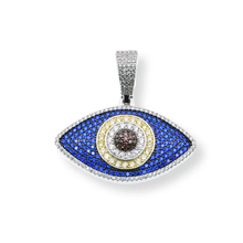 Load image into Gallery viewer, Sterling Silver Rhodium And Gold Plated Evil Eye Clear Blue Brown CZ Pendant