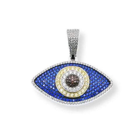 Sterling Silver Rhodium And Gold Plated Evil Eye Clear Blue Brown CZ Pendant