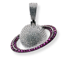 Load image into Gallery viewer, Sterling Silver Rhodium Plated Saturn Clear And Pink CZ Pendant