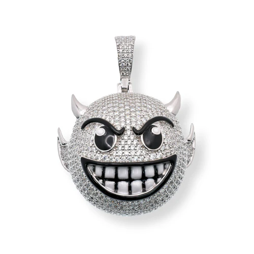 Sterling Silver Rhodium Plated Devil Emoji Black Enamel Clear CZ Pendant