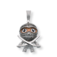 Load image into Gallery viewer, Sterling Silver Rhodium Plated Double Sword Ninja Brown Enamel Clear CZ Pendant