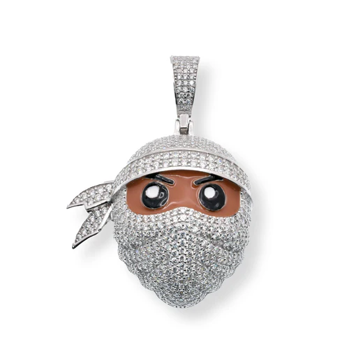 Sterling Silver Rhodium Plated Masked Ninja Brown Enamel Clear CZ Pendant