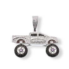 Load image into Gallery viewer, Sterling Silver Rhodium Plated Pickup Truck Spinning Wheels Clear Brown And Black CZ Pendant