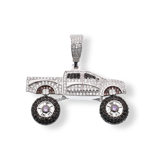 Sterling Silver Rhodium Plated Pickup Truck Spinning Wheels Clear Brown And Black CZ Pendant