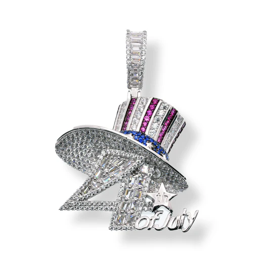 Sterling Silver Rhodium Plated Fourth Of July Hat Baguette And Round Clear Red And Blue CZ Pendant