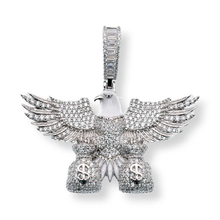 Load image into Gallery viewer, Sterling Silver Rhodium Plated American Eagle Money Bag White Enamel CZ Pendant