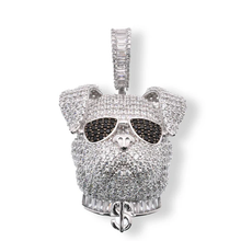 Load image into Gallery viewer, Sterling Silver Rhodium Plated Bulldog On Sunglasses Dollar Sign Baguette And Round Black Clear CZ Pendant