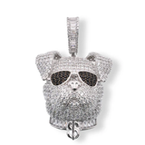 Sterling Silver Rhodium Plated Bulldog On Sunglasses Dollar Sign Baguette And Round Black Clear CZ Pendant