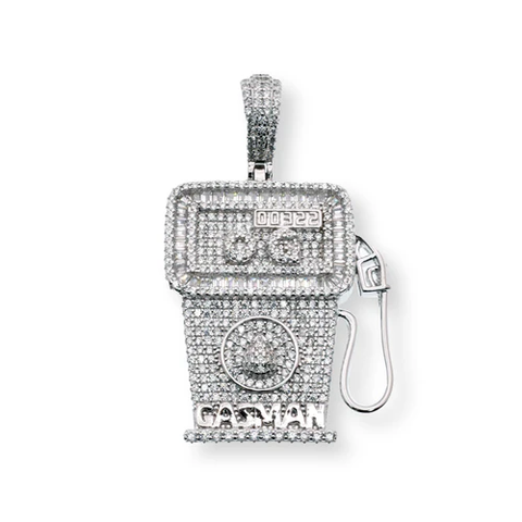 Sterling Silver Rhodium Plated Gas Pump Baguette And Round Clear CZ Pendant