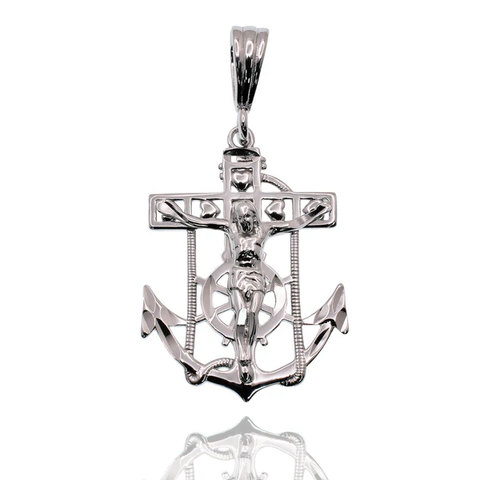 Sterling Silver Rhodium Plated Anchor Crucifix Nautical Hearts Pendant