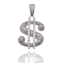 Load image into Gallery viewer, Sterling Silver Rhodium Plated Dollar Sign CZ Studded Pendant
