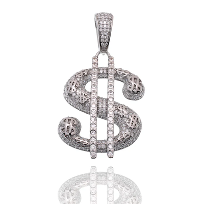 Sterling Silver Rhodium Plated Dollar Sign CZ Studded Pendant