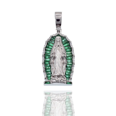 Sterling Silver Rhodium Plated Our Lady Of Guadalupe Green Baguette And Round Clear CZ Pendant