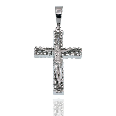Sterling Silver Rhodium Plated Nugget Crucifix Cross Baguette Clear CZ Pendant