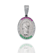 Load image into Gallery viewer, Sterling Silver Rhodium Plated Saint Jude Multicolor CZ Oval Pendant