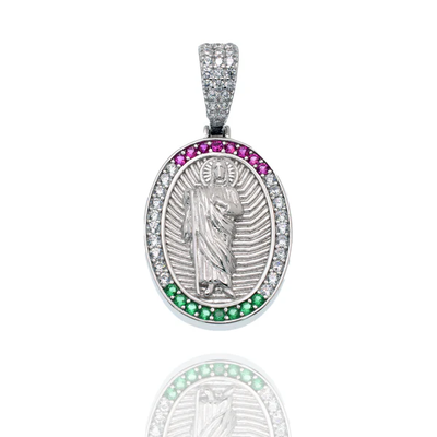 Sterling Silver Rhodium Plated Saint Jude Multicolor CZ Oval Pendant
