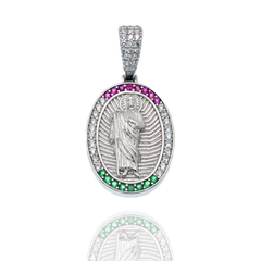 Sterling Silver Rhodium Plated Saint Jude Multicolor CZ Oval Pendant