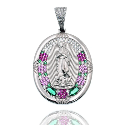 Sterling Silver Rhodium Plated Multicolor CZ Our Lady Of Guadalupe Iced Out Pendant