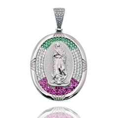 Sterling Silver Rhodium Plated Our Lady Of Guadalupe Multicolor CZ Iced Out Pendant