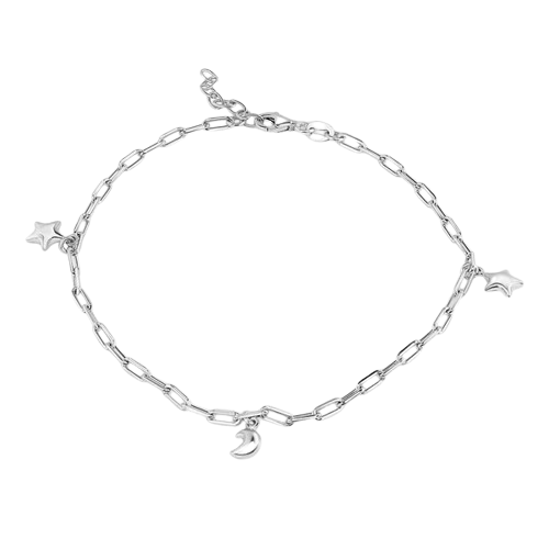 Sterling Silver Rhodium Plated Paperclip Chain Stars and Moon Charm