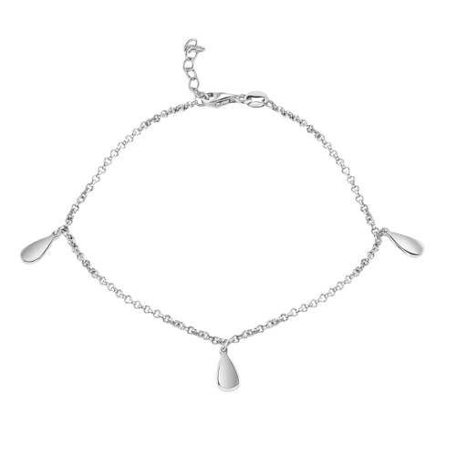 Sterling Silver Rhodium Plated Rolo Teardrop Charm Adjustable Anklet