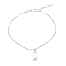 Load image into Gallery viewer, Sterling Silver Rhodium Plated Cable Safety Pin Charm Clear CZ Adjustable Anklet