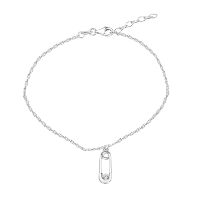Sterling Silver Rhodium Plated Cable Safety Pin Charm Clear CZ Adjustable Anklet