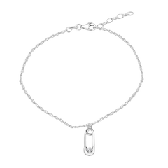 Sterling Silver Rhodium Plated Cable Safety Pin Charm Clear CZ Adjustable Anklet
