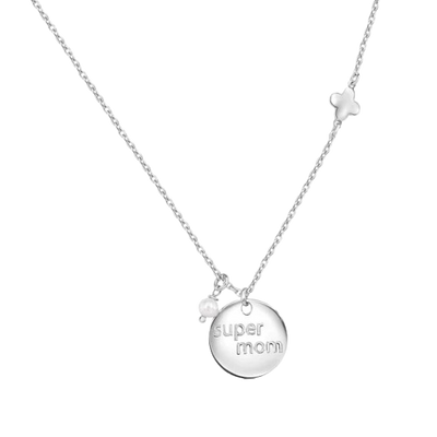 Sterling Silver Rhodium Plated Super Mom Four Leaf Clover and Pearl Necklace Pendant