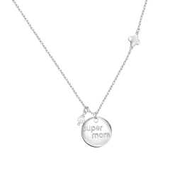 Sterling Silver Rhodium Plated Super Mom Four Leaf Clover and Pearl Necklace Pendant
