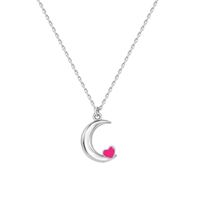 Sterling Silver Rhodium Plated Moon Pink Heart Enamel Necklace Pendant